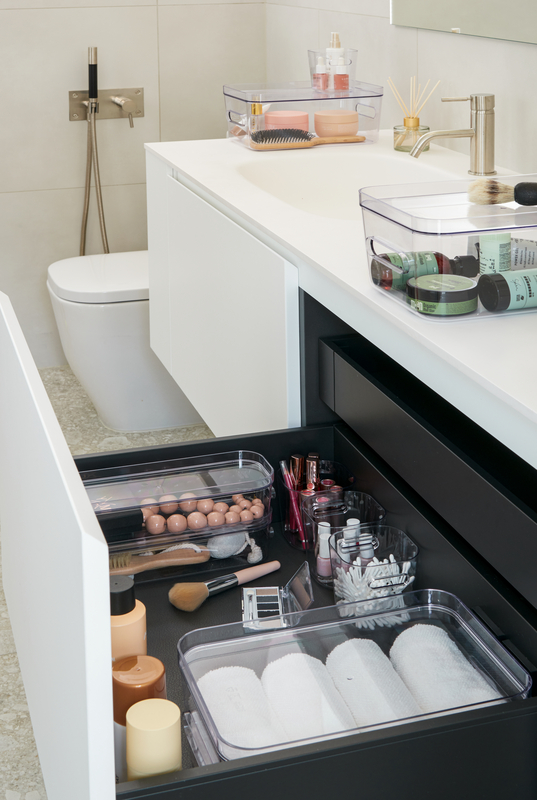 SmartStore Compact Clear storage boxes in bathroom drawer